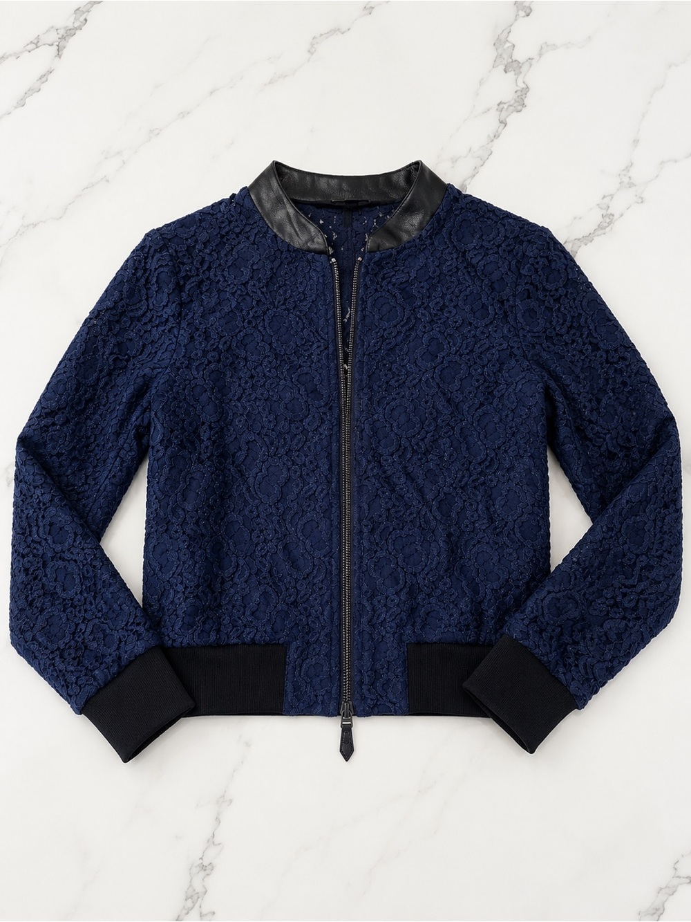 Stella & Dot Navy Lace Bomber with Black Trim